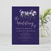 Elegant Wildflower Navy Blue Blush Pink QR Code 招待状 (スタンド正面)