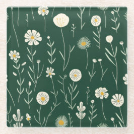 Elegant Wildflower Pattern on Dark Green  ガラスコースター