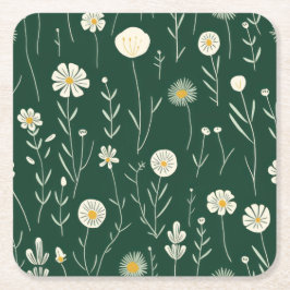 Elegant Wildflower Pattern on Dark Green  スクエアペーパーコースター