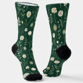 Elegant Wildflower Pattern on Dark Green  ソックス