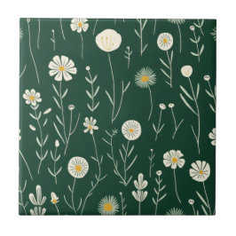 Elegant Wildflower Pattern on Dark Green  タイル