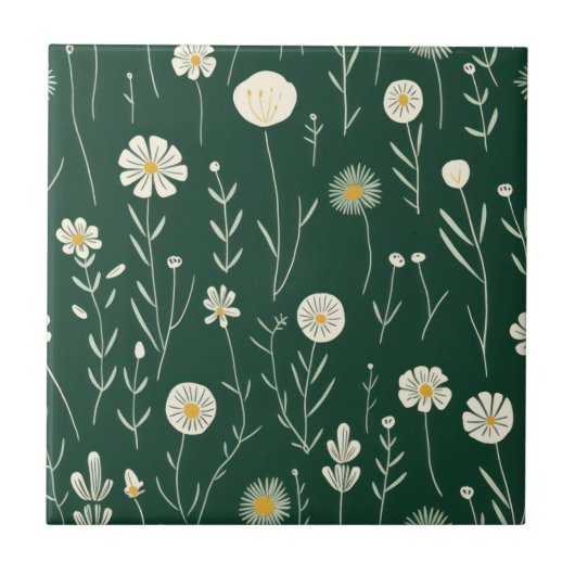 Elegant Wildflower Pattern on Dark Green  タイル (正面)