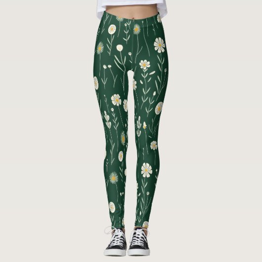 Elegant Wildflower Pattern on Dark Green  レギンス (正面)