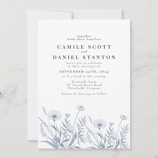 Elegant Wildflower Periwinkle Wedding 招待状 (正面)