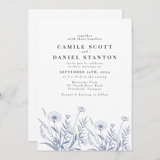 Elegant Wildflower Periwinkle Wedding 招待状 (正面/裏面)