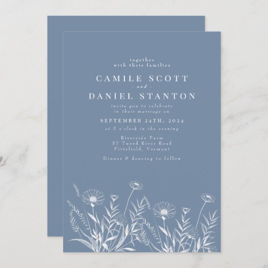 Elegant Wildflower Periwinkle Wedding 招待状 (正面/裏面)