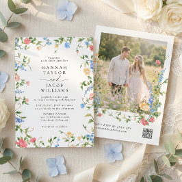 Elegant Wildflower Photo QR Code RSVP Wedding 招待状