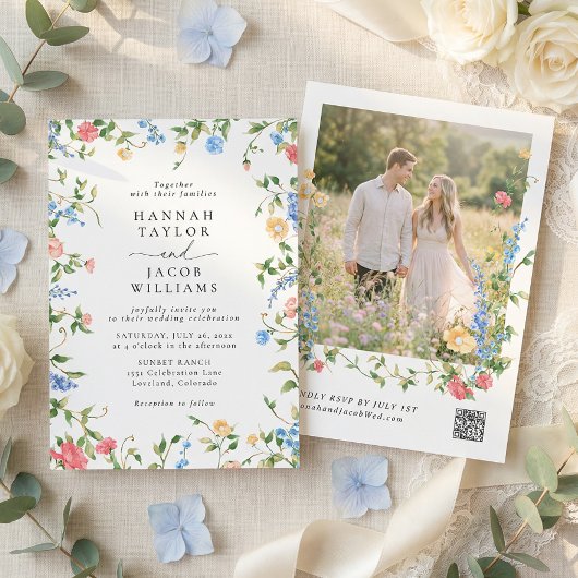 Elegant Wildflower Photo QR Code RSVP Wedding 招待状
