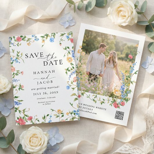 Elegant Wildflower QR Code Wedding セーブザデート