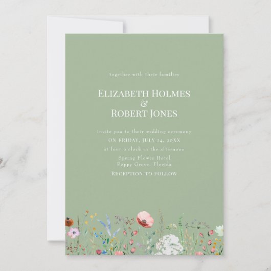 Elegant Wildflower Sage Green Wedding Invitation 招待状 (正面)