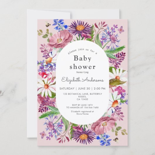 Elegant Wildflower Watercolor Girl Baby Shower 招待状 (正面)