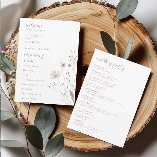 Elegant Wildflower Wedding Ceremony Program Card 招待状