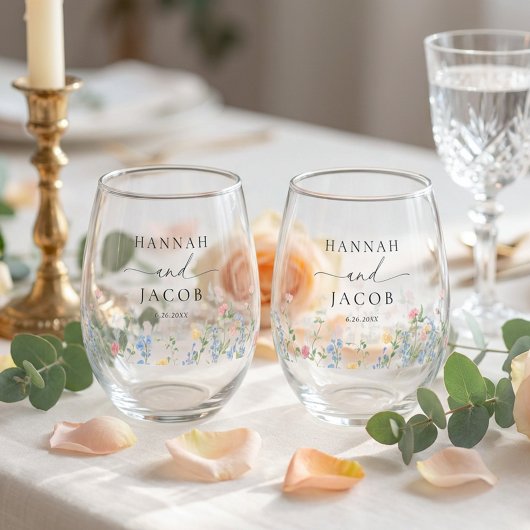 Elegant Wildflower Wedding Couple Drinkware Set ステムなしワイングラス