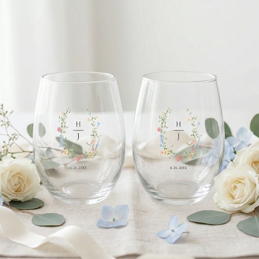 Elegant Wildflower Wedding Couple Drinkware Set ステムなしワイングラス