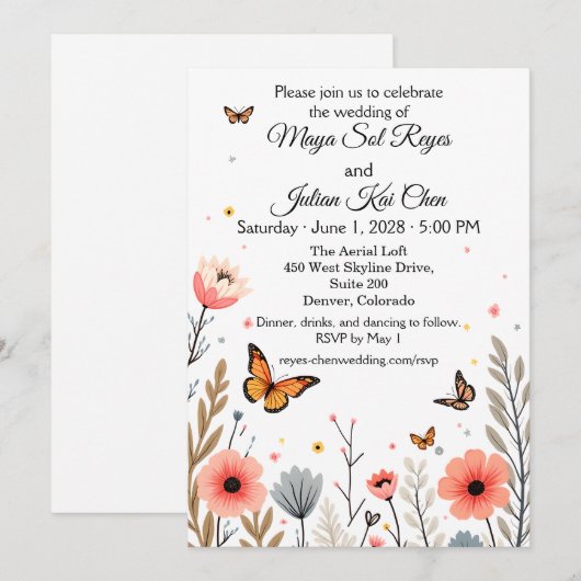 Elegant Wildflowers And Butterflies Wedding  招待状 (正面/裏面)