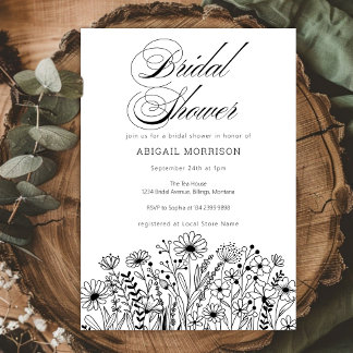 Elegant Wildflowers Black and White Bridal Shower 招待状