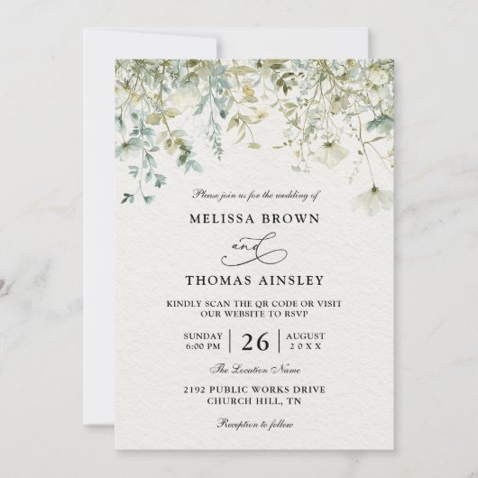 Elegant Wildflowers Rustic Budget QR Code Wedding 招待状 (正面)