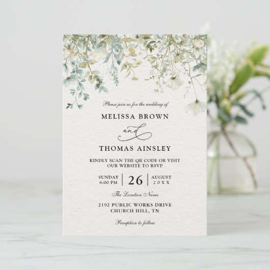 Elegant Wildflowers Rustic Budget QR Code Wedding 招待状 (スタンド正面)