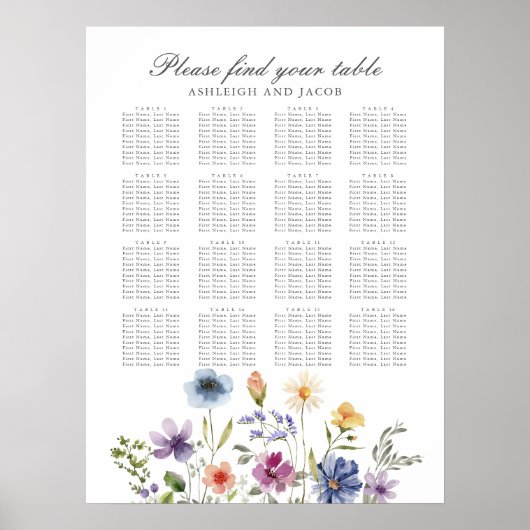 Elegant Wildflowers Spring Wedding Seating Chart ポスター (正面)