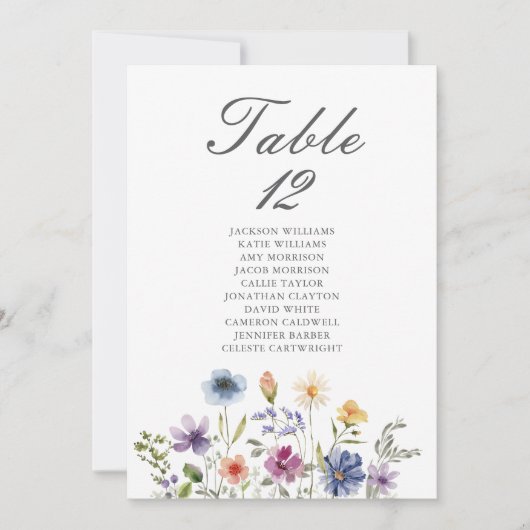 Elegant Wildflowers Wedding Table Number Card (正面)
