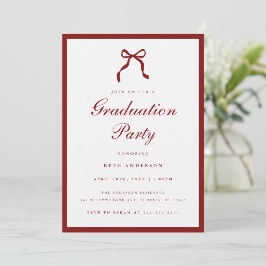 Elegant Wine Red Coquette Bow Graduation Party 招待状 (スタンド正面)