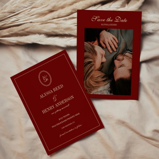 Elegant Wine Red Monogram Script Wedding Photo セーブザデート