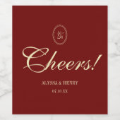 Elegant Wine Red Script "Cheers!" Wedding ワインラベル (シングルラベル)