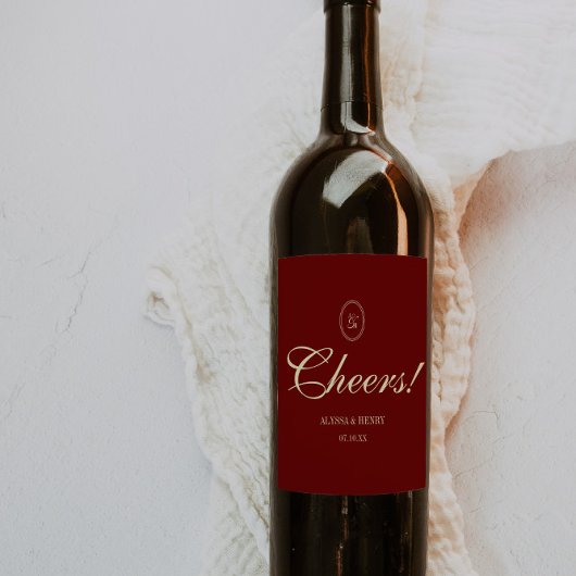 Elegant Wine Red Script "Cheers!" Wedding ワインラベル