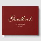Elegant Wine Red Script Monogram Wedding ゲストブック (正面)