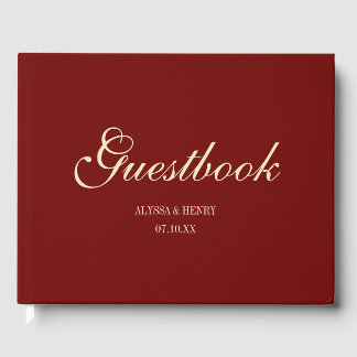 Elegant Wine Red Script Monogram Wedding ゲストブック