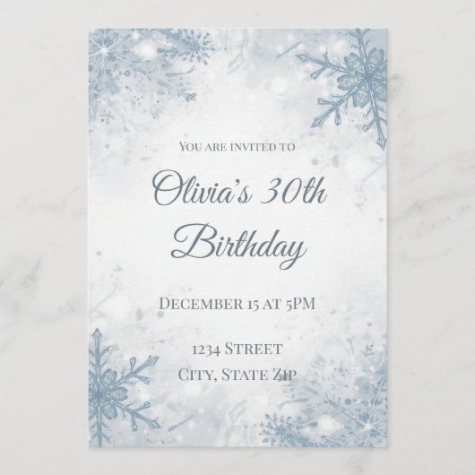 Elegant Winter 30th Birthday Invitation – Icy Snow 招待状 (正面)