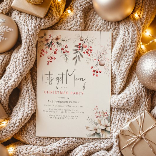 Elegant Winter Berries & Florals Christmas Party 招待状