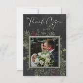 Elegant Winter Berries & Pine Black Wedding サンキューカード (正面)