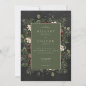 Elegant Winter Berries & Pine Black Wedding 招待状 (正面)