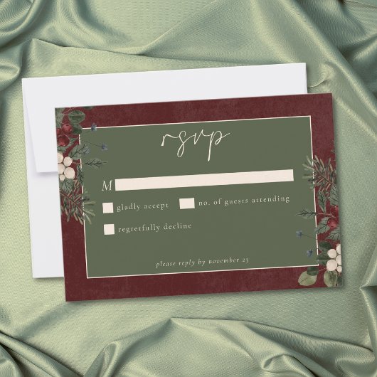 Elegant Winter Berries & Pine Burgundy Wedding 出欠カード