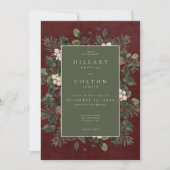 Elegant Winter Berries & Pine Burgundy Wedding 招待状 (正面)