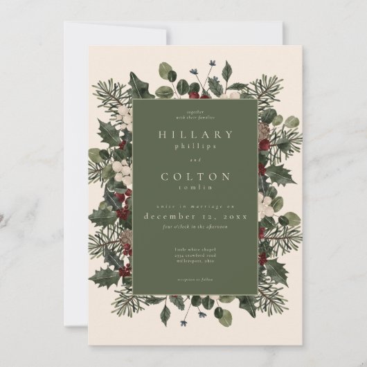 Elegant Winter Berries & Pine Ivory Wedding 招待状 (正面)