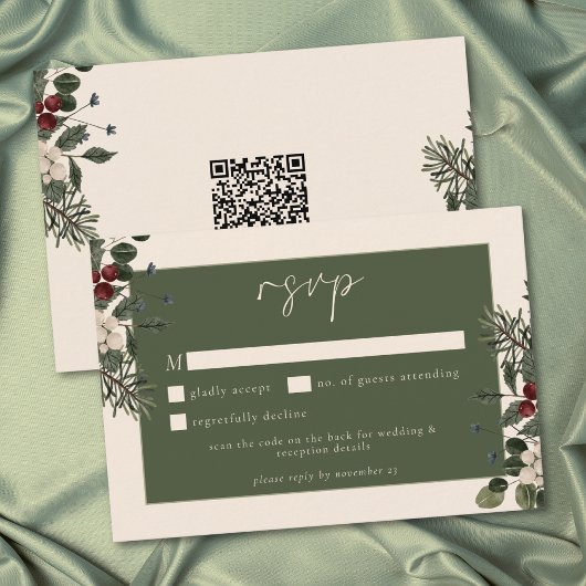 Elegant Winter Berries & Pine Ivory Wedding QR 出欠カード