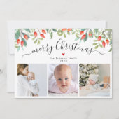 Elegant Winter Berries Three Photo Christmas シーズンカード (正面)