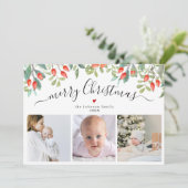 Elegant Winter Berries Three Photo Christmas シーズンカード (スタンド正面)