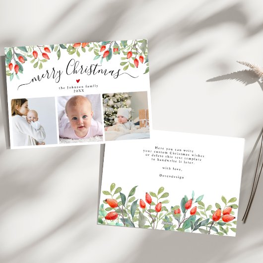 Elegant Winter Berries Three Photo Christmas シーズンカード