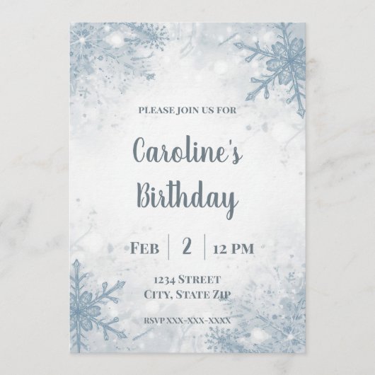 Elegant Winter Birthday Invitation – Snowflakes 招待状 (正面)