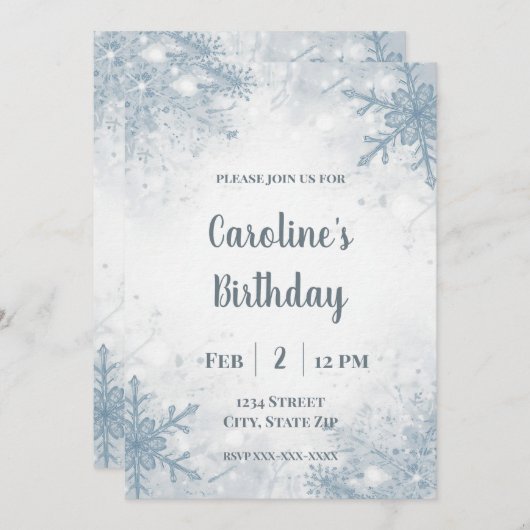 Elegant Winter Birthday Invitation – Snowflakes 招待状 (正面/裏面)