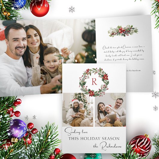 Elegant Winter Botanical Wreath w/Monogram 2-Photo 三つ折りクリスマスカード