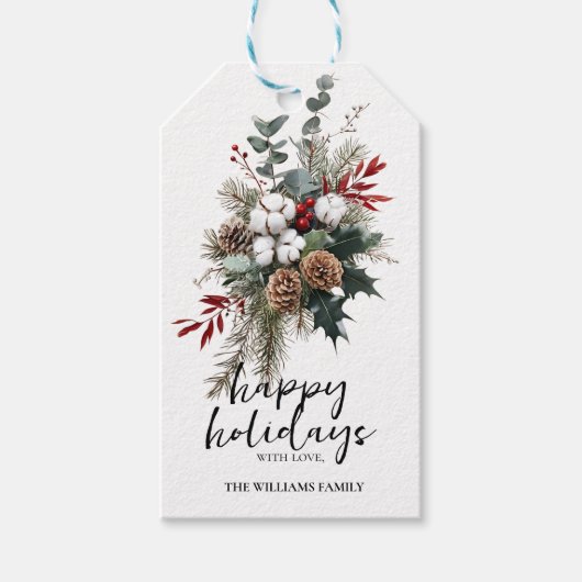 Elegant Winter Cotton & Pinecone Holiday Gift Tag ギフトタグ (正面)