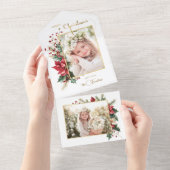 Elegant Winter Floral Gold Merry Christmas 1 Photo オールインワン招待状 (貼ってはがせる)