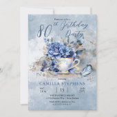Elegant Winter Floral Teacup 80th Birthday Party 招待状 (正面)