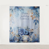 Elegant Winter Floral Teacup Birthday Par-Tea タペストリー (正面)