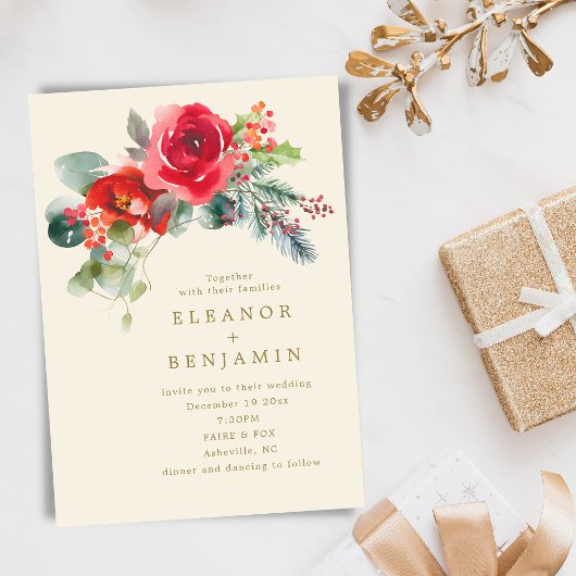 Elegant Winter Floral Wedding Christmas December 招待状