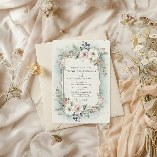 Elegant Winter Floral Wedding Invitation 招待状